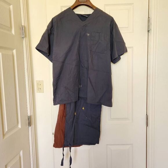 Butter soft adult unisex scrubs top bottoms set XL blue brown clay - Picture 1 of 7